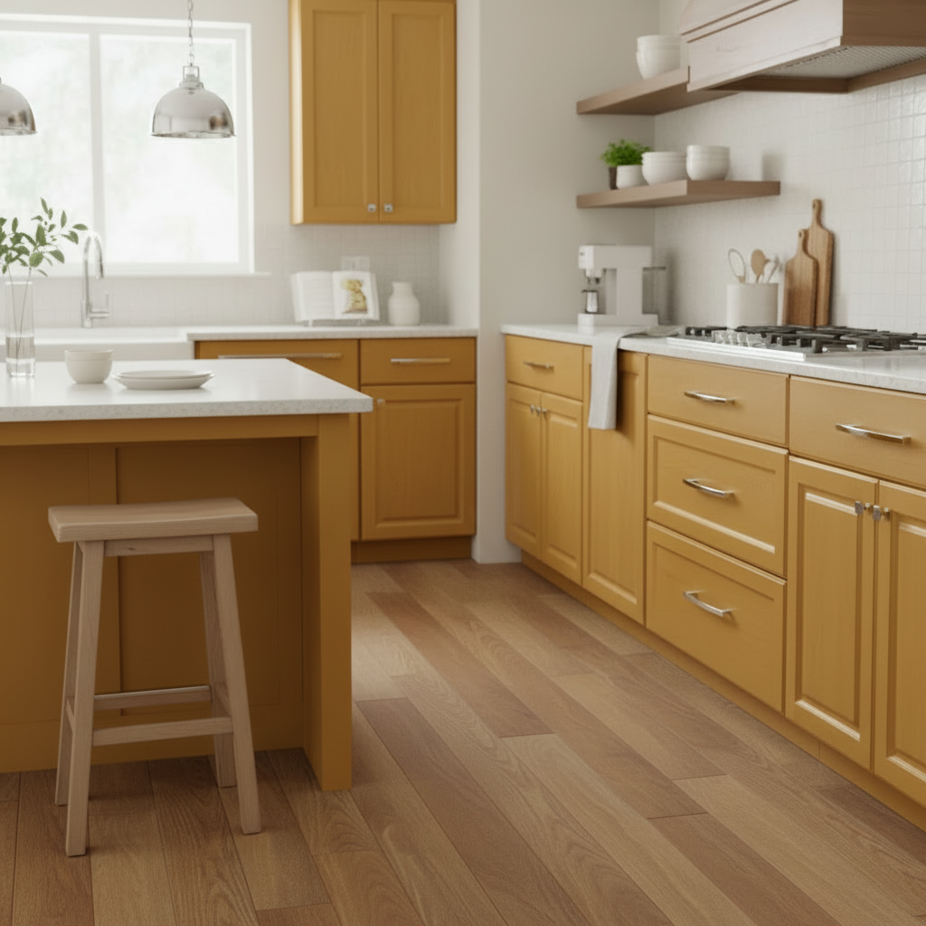 Modern kitchen with yellow cabinets, white countertops, and wooden floor.