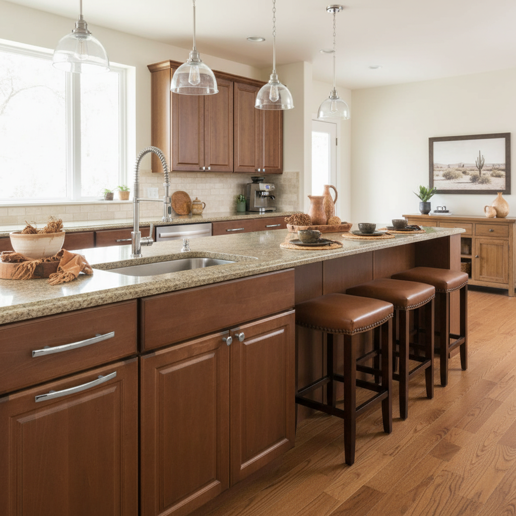 Modern kitchen with wooden cabinets, granite countertops, and bar stools.