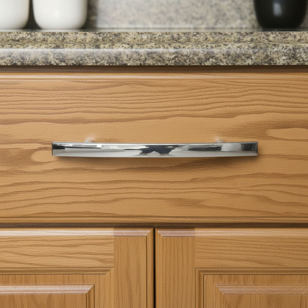 Close-up of a wooden cabinet with a shiny silver handle on a granite countertop.
