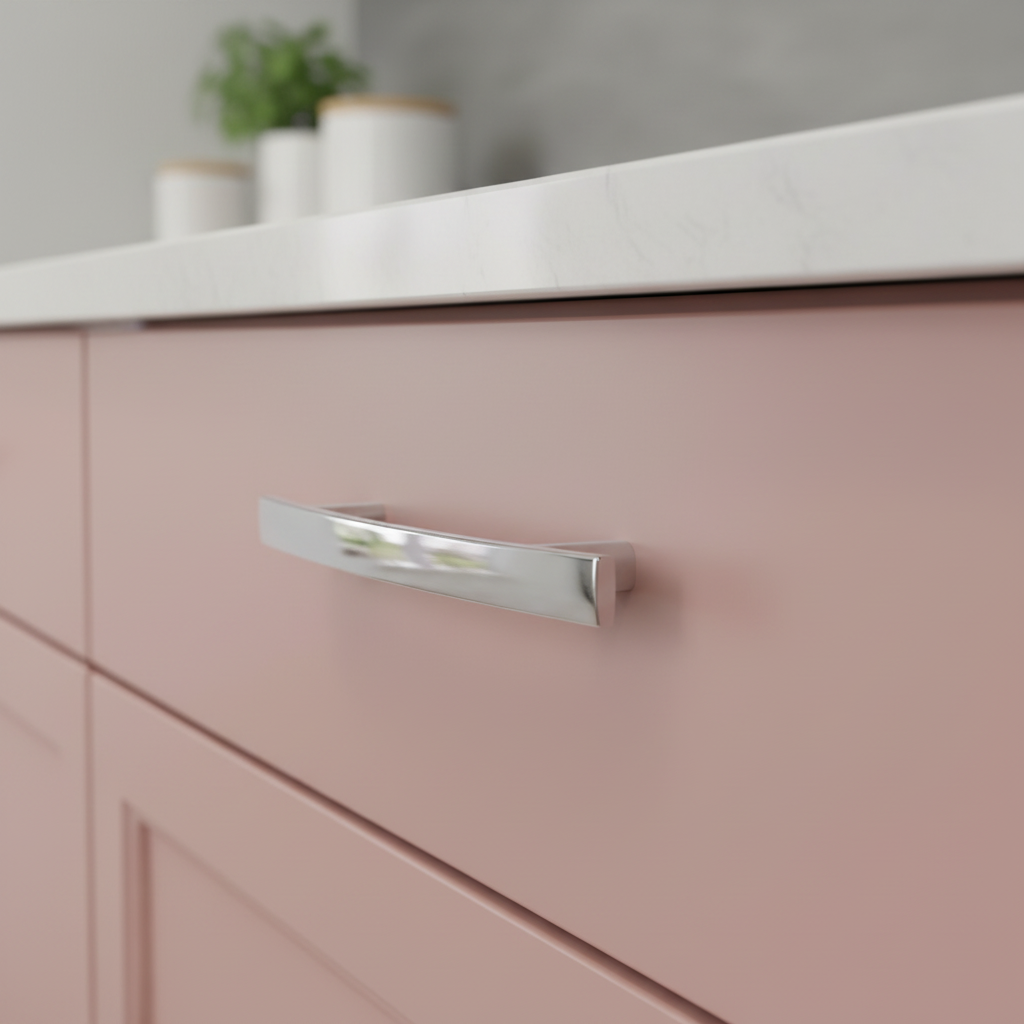 Polished chrome cabinet drawer pull on a pink kitchen drawer 