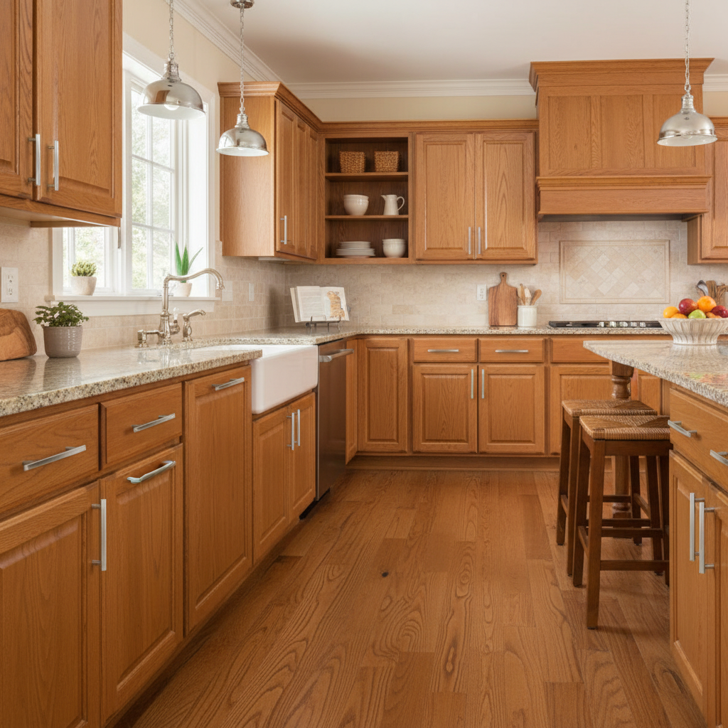 Modern kitchen with wooden cabinets and granite countertops and chrome hardware fixtures