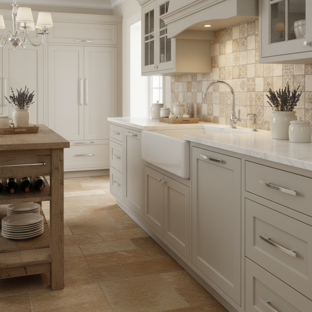 Modern kitchen with chrome handles, beige cabinets, marble countertops, and a tiled backsplash.
