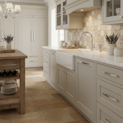 Modern kitchen with chrome handles, beige cabinets, marble countertops, and a tiled backsplash.