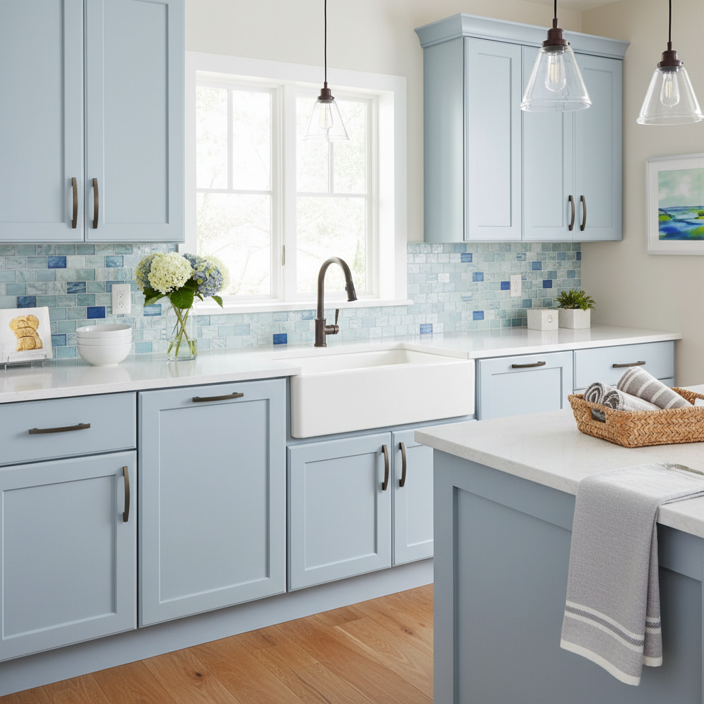 blue kitchen with oil rubbed bronze arch pulls 
