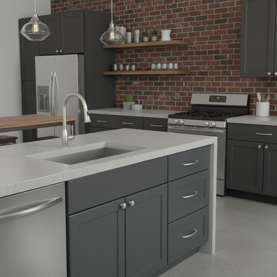 satin nickel drawer pull 3 and 3/4" size on gray cabinets in an urban loft kitchen 
