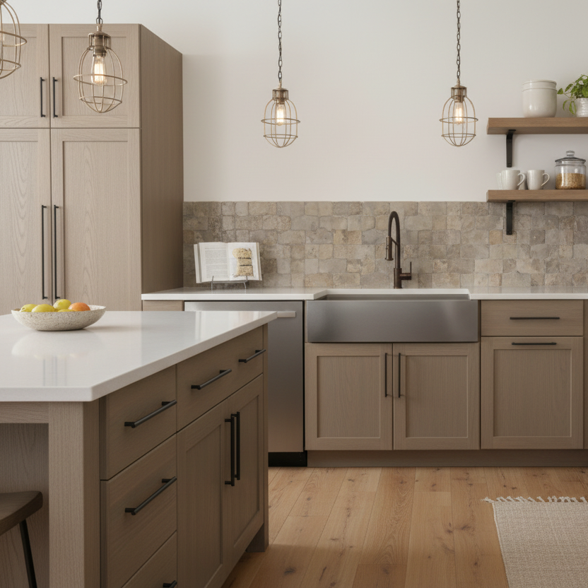Modern kitchen with beige cabinets, white countertops, and wooden flooring.