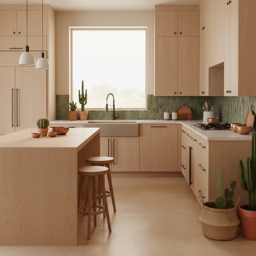 Modern kitchen with wooden cabinets, a island, and potted plants.