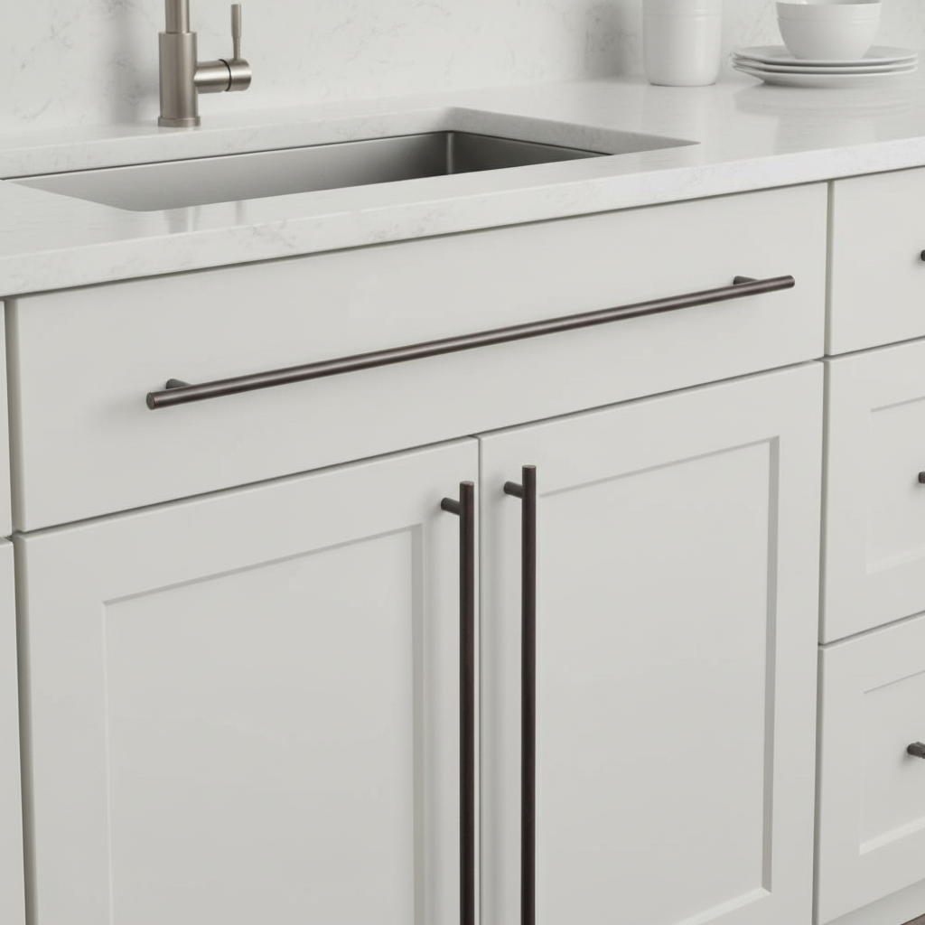 White kitchen cabinets with black handles and a stainless steel sink.