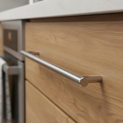 A polished chrome slim line Euro style bar pull for cabinets.