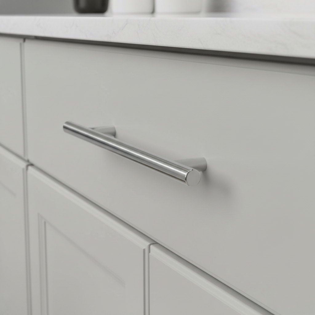 A polished chrome slim line Euro style bar pull for cabinets.