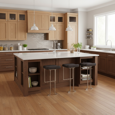 A polished chrome slim line Euro style bar pull in a modern chef kitchen 