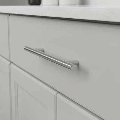 A polished chrome slim line Euro style bar pull for cabinets.