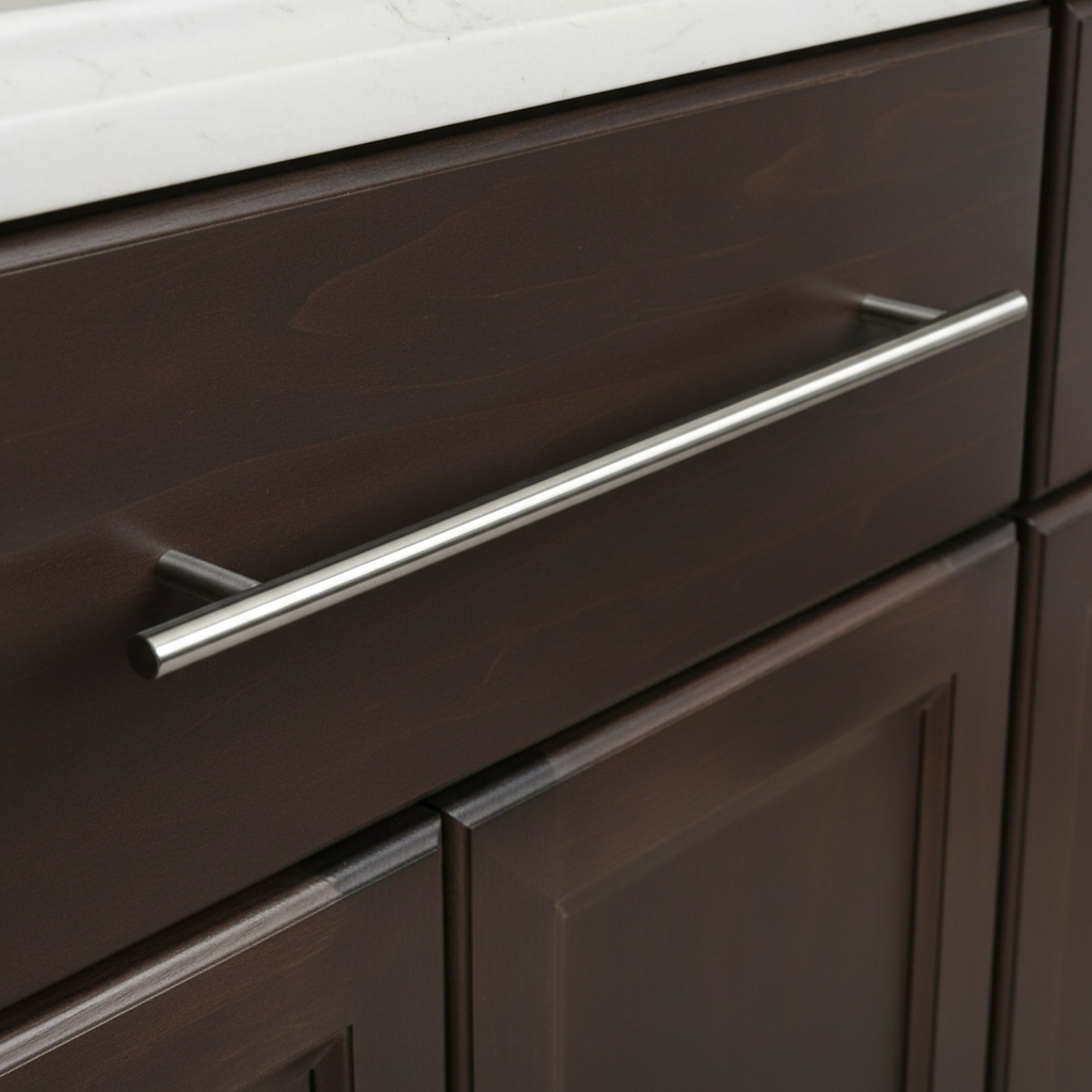 Close-up of a dark wooden cabinet with a shiny metal handle.