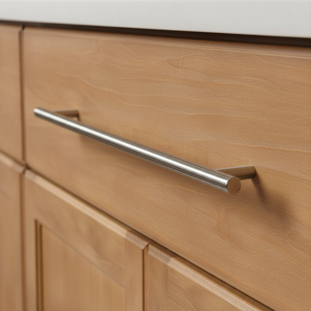 A polished chrome slim line euro style bar pull for cabinetry.