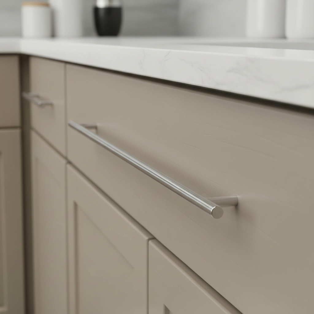 A polished chrome slim line euro style bar pull handle for cabinets.