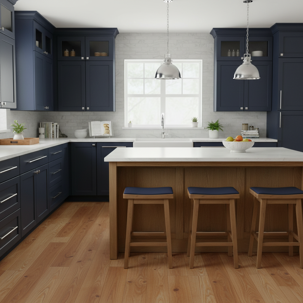 A polished chrome slim line euro style bar pull handle for cabinets. blue kitchen cabinets 