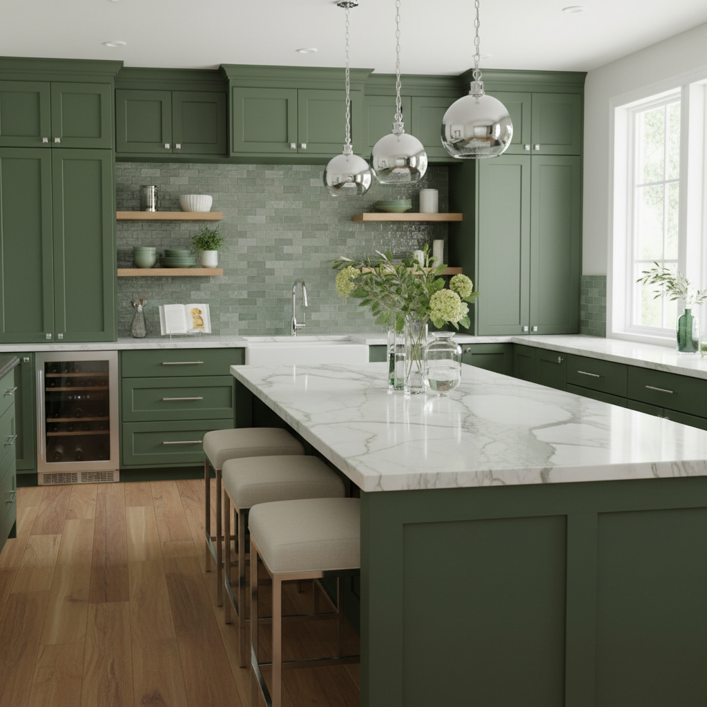 A polished chrome slim line Euro style bar in a green contemporary kitchen