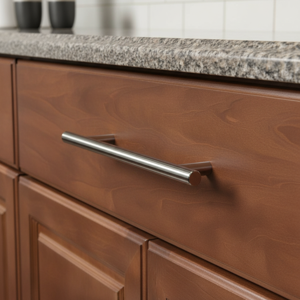 A polished chrome slim line Euro style bar pull for cabinets on wood drawer