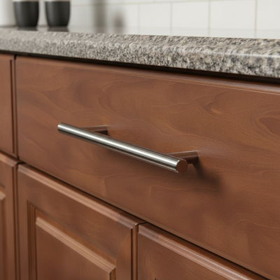 A polished chrome slim line Euro style bar pull for cabinets on wood drawer
