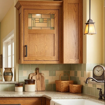 Kitchen with wooden cabinets, a sink, and decorative elements.