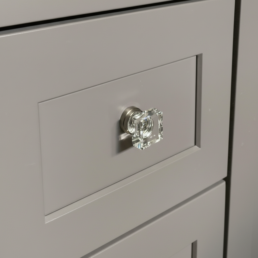 glass cabinet knob on a satin nickel base on a shaker drawer 
