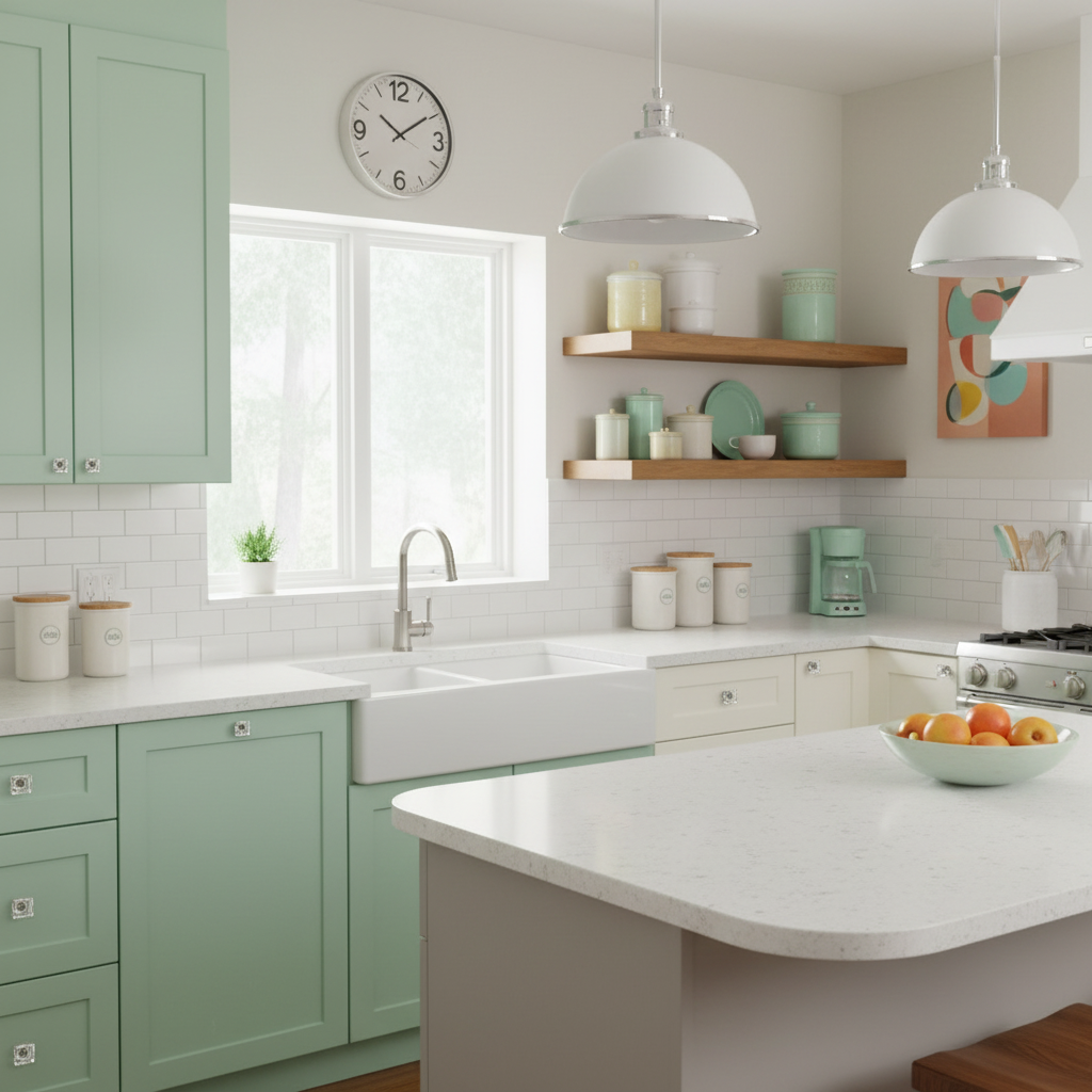 kitchen with cosmas glass cabinet knobs on green and cream cabinets 
