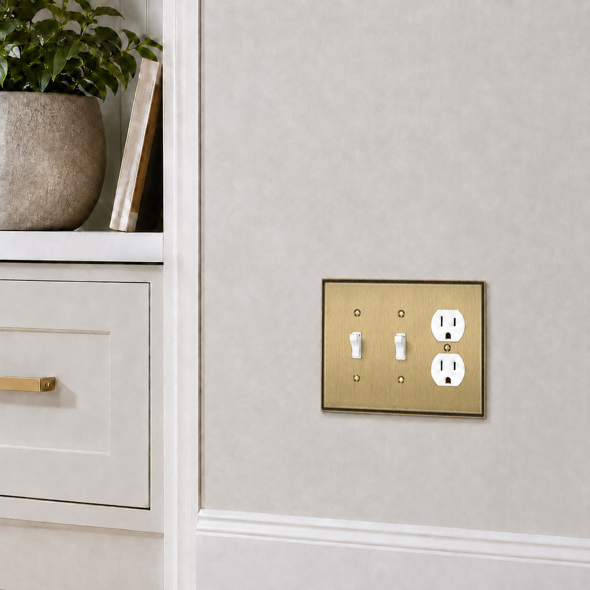 Harmon Antique Brass Double Toggle / Single Duplex Soft Modern Switchplate Cover