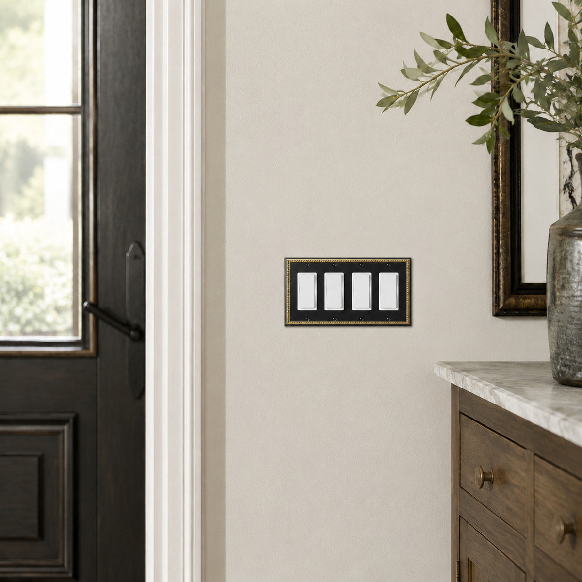 Harmon Black and Brushed Gold Quad Decora Decorative Switchplate Cover