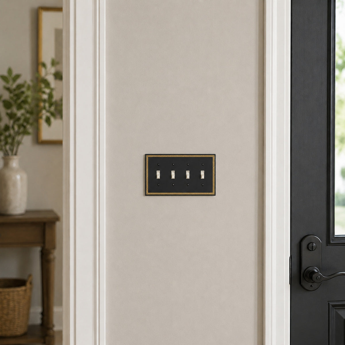 Harmon Black and Brushed Gold Quad Toggle Decorative Switchplate Cover