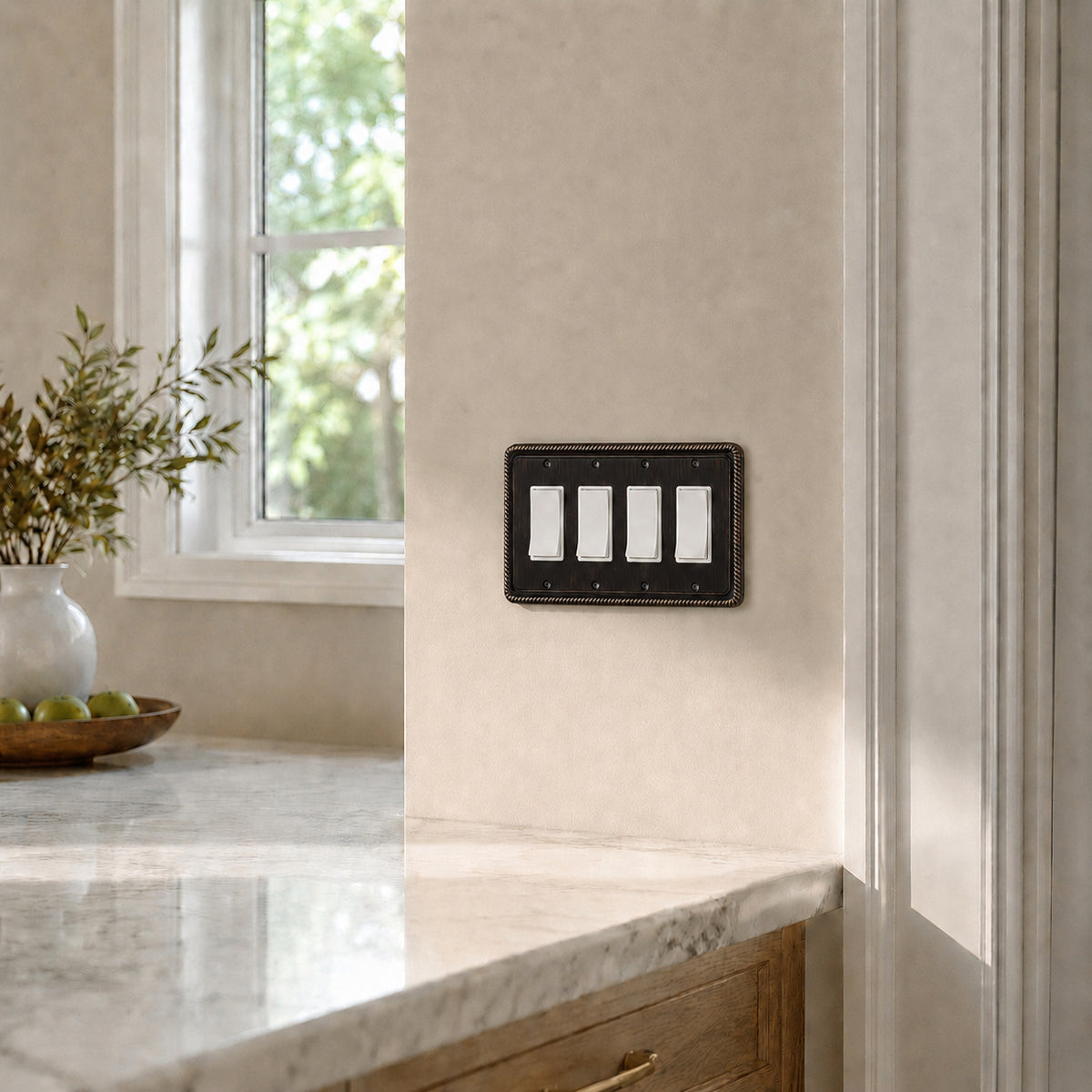 Harmon Oil Rubbed Bronze Quad Decora Rope Edge Switchplate Cover
