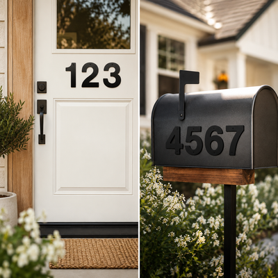 A split-screen view showing a black metal house number '123' mounted on a white front door, and a matching black metal mailbox with the number '4567' on a wooden post in a garden setting.