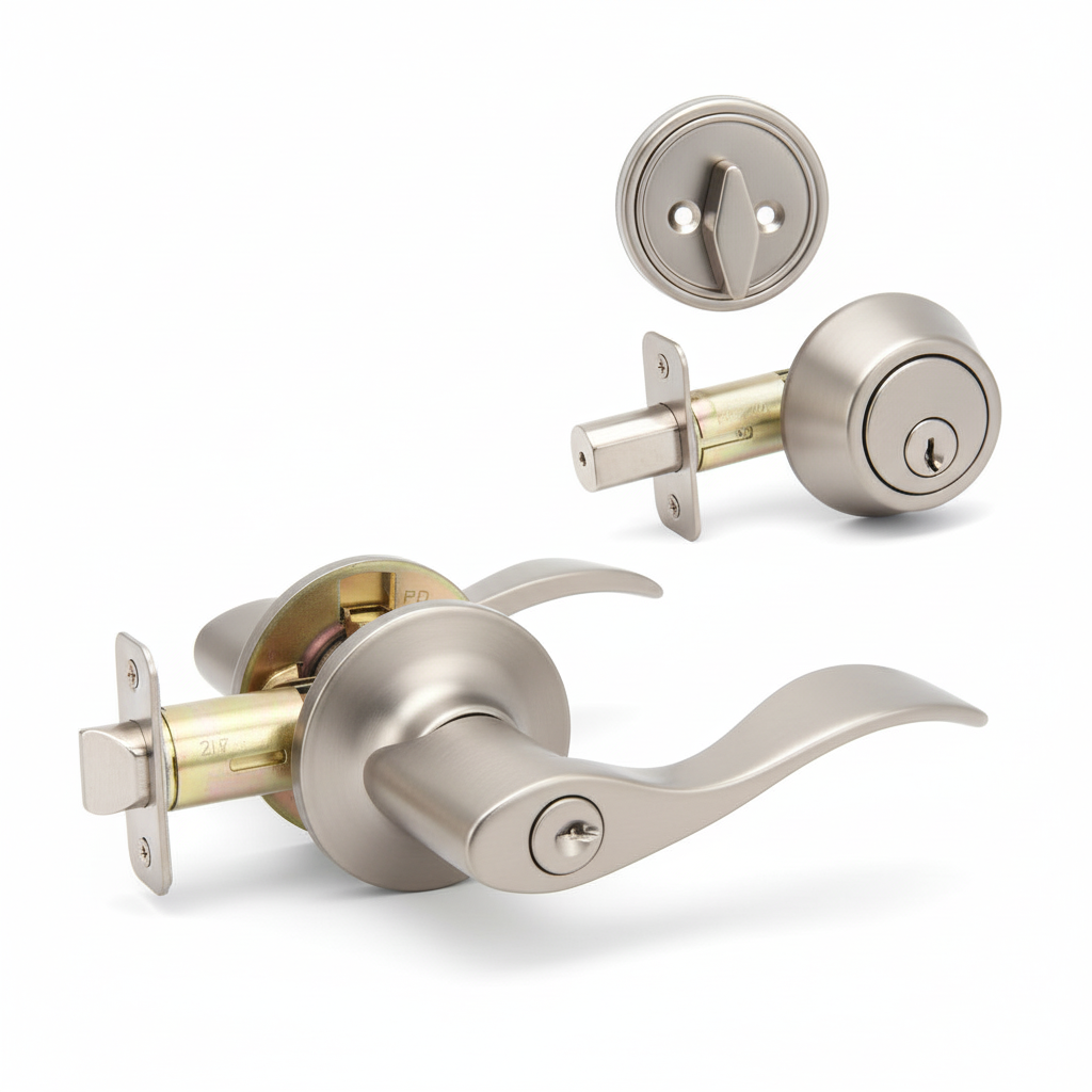 Kingston Satin Nickel Entry Lever with Matching Single Cylinder Deadbolt Combo Pack