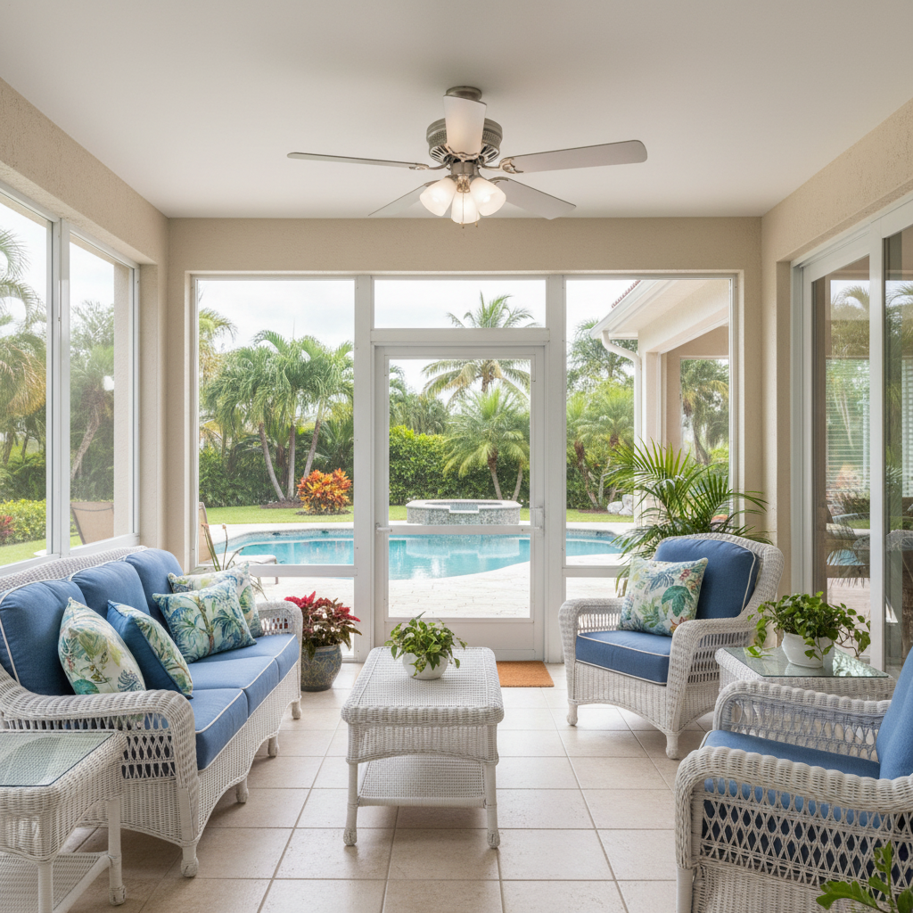 ceiling fan with satin nickel blades low profile and lights,  a in a florida lanai backyard