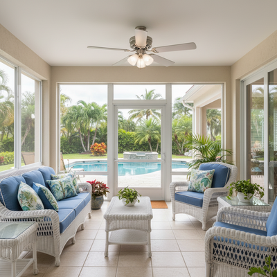 ceiling fan with satin nickel blades low profile and lights,  a in a florida lanai backyard