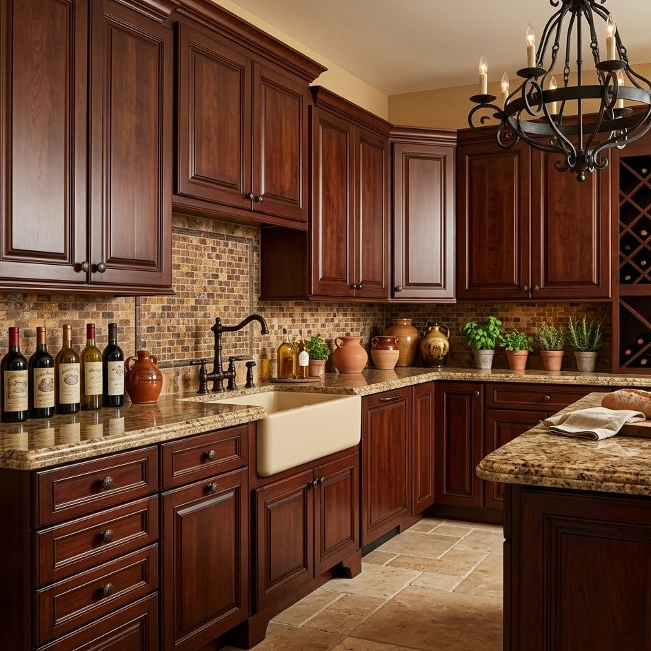 Luxurious kitchen with wooden cabinets, granite countertops, and wine rack.