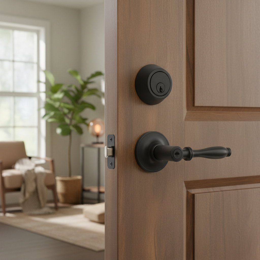 Villa Matte Black Entry Lever with Matching Single Cylinder Deadbolt Combo Pack