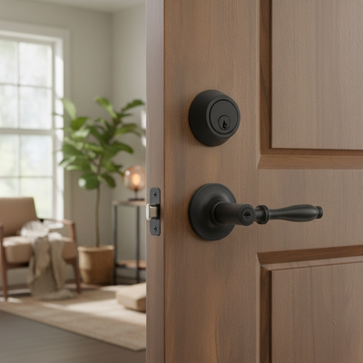 Villa Matte Black Entry Lever with Matching Single Cylinder Deadbolt Combo Pack