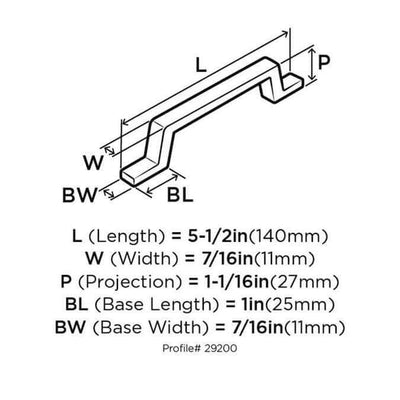 Diagram of dimensions of drawer pull in satin nickel finish with rigid shape and three and three quarters inch hole spacing