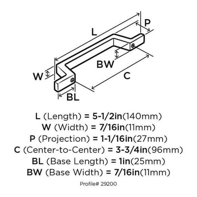 Diagram of dimensions of drawer pull in satin nickel finish with rigid shape and three and three quarters inch hole spacing