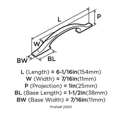 Diagram of dimensions of cabinet pull in satin nickel finish with smooth arch stream line design and three and three quarters inch hole spacing