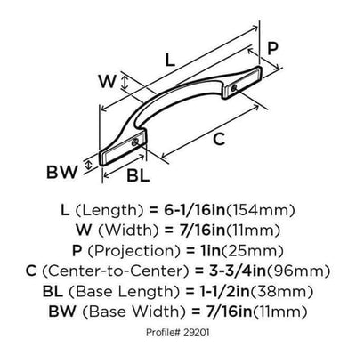 Diagram of dimensions of cabinet pull in satin nickel finish with smooth arch stream line design and three and three quarters inch hole spacing