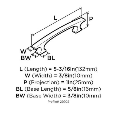 Diagram of dimensions of bridge foundation shaped cabinet pull in satin nickel finish with subtle arch