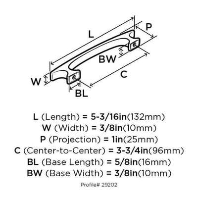 Diagram of dimensions of bridge foundation shaped cabinet pull in satin nickel finish with subtle arch