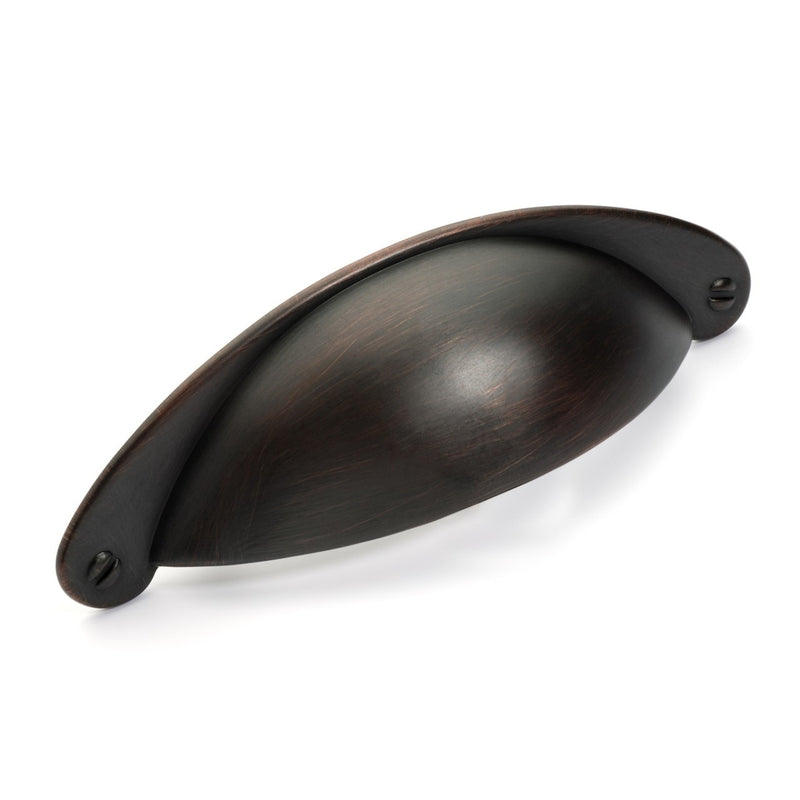 Drawer cup pull in oil rubbed bronze finish with elongated ridge