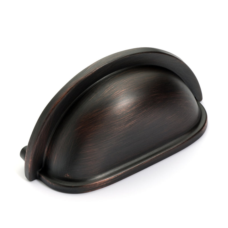 Drawer cup pull in oil rubbed bronze finish with three inch hole spacing and light strikes