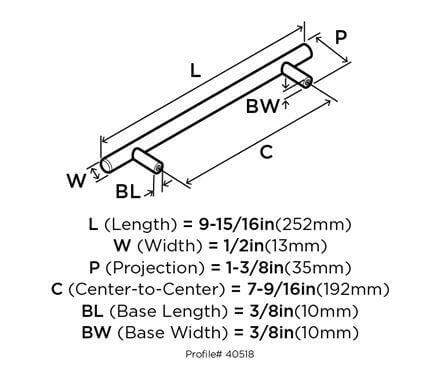 Diagram of dimensions of seven and nine sixteenths inch hole spacing drawer pull in oil rubbed bronze finish