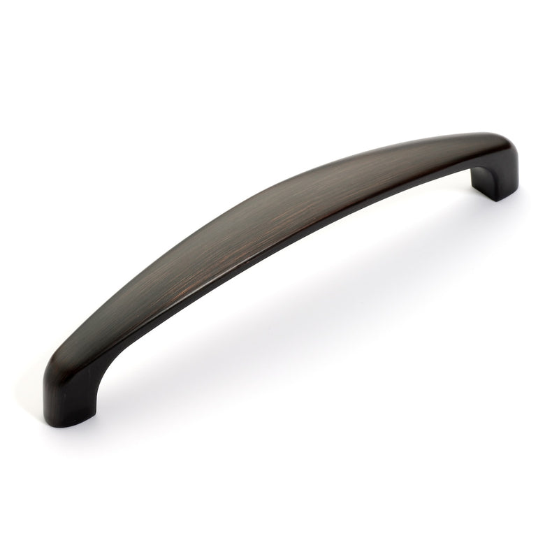 Simple design drawer pull in oil rubbed bronze finish with flat grip and five inch hole spacing