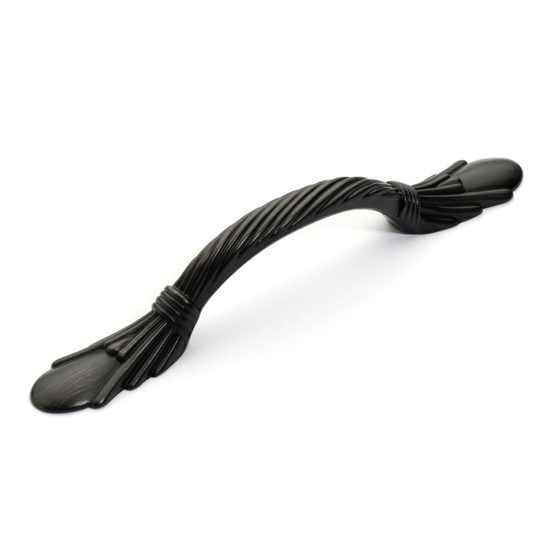 Three inch hole spacing oil rubbed bronze pull with roman rope design wrapping the handle