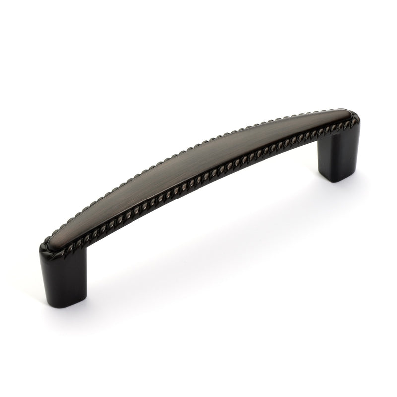 Three and three quarters inch hole spacing drawer handle pull in oil rubbed bronze finish with beads along the edges