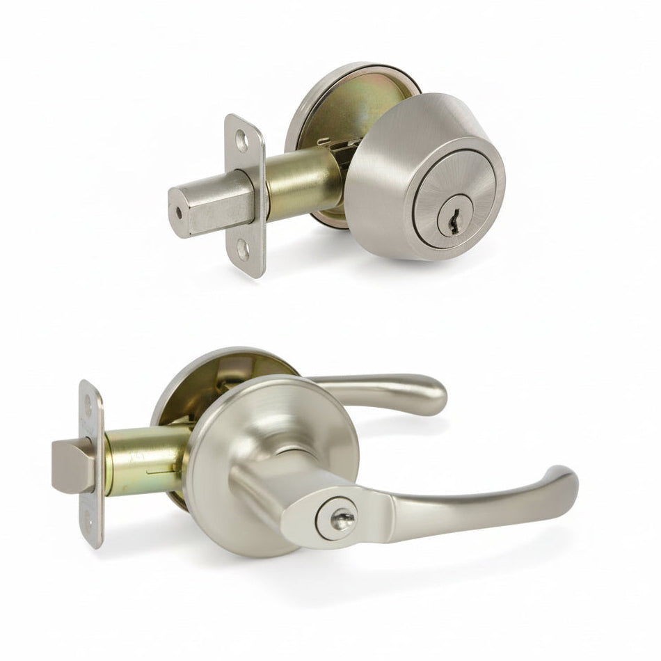 Arlington Satin Nickel Entry Lever with Matching Single Cylinder Deadbolt Combo Pack